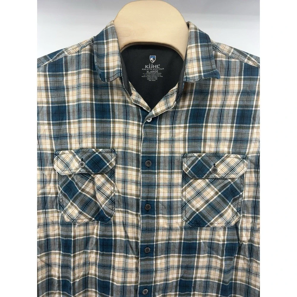Kuhl XL Mens Lightweight Flannel Shirt Plaid Blue Tan White Cotton Blend - Picture 3 of 8